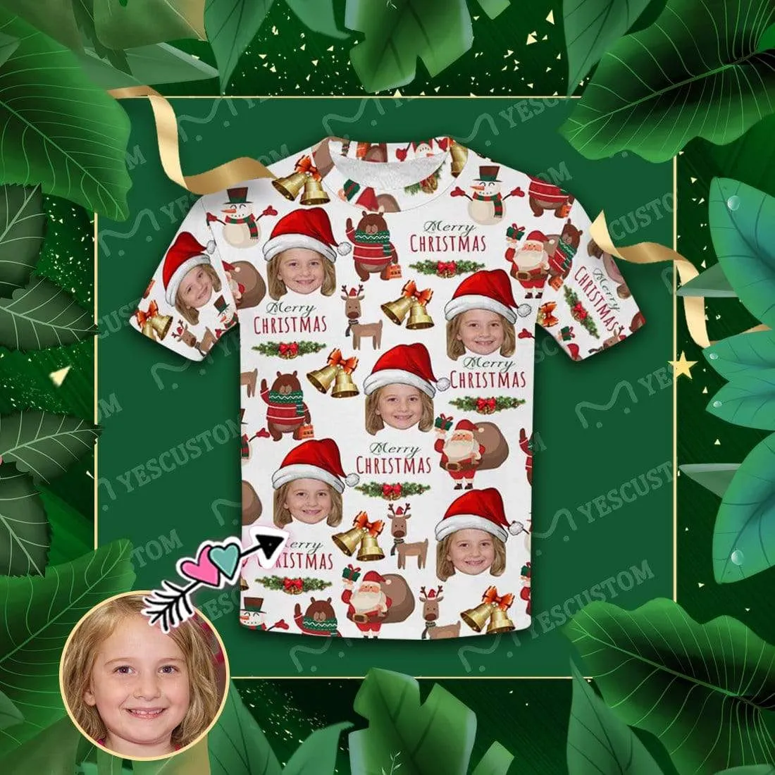 #6-15Y Custom Face Merry Christmas Deer Kid's All Over Print T-shirt