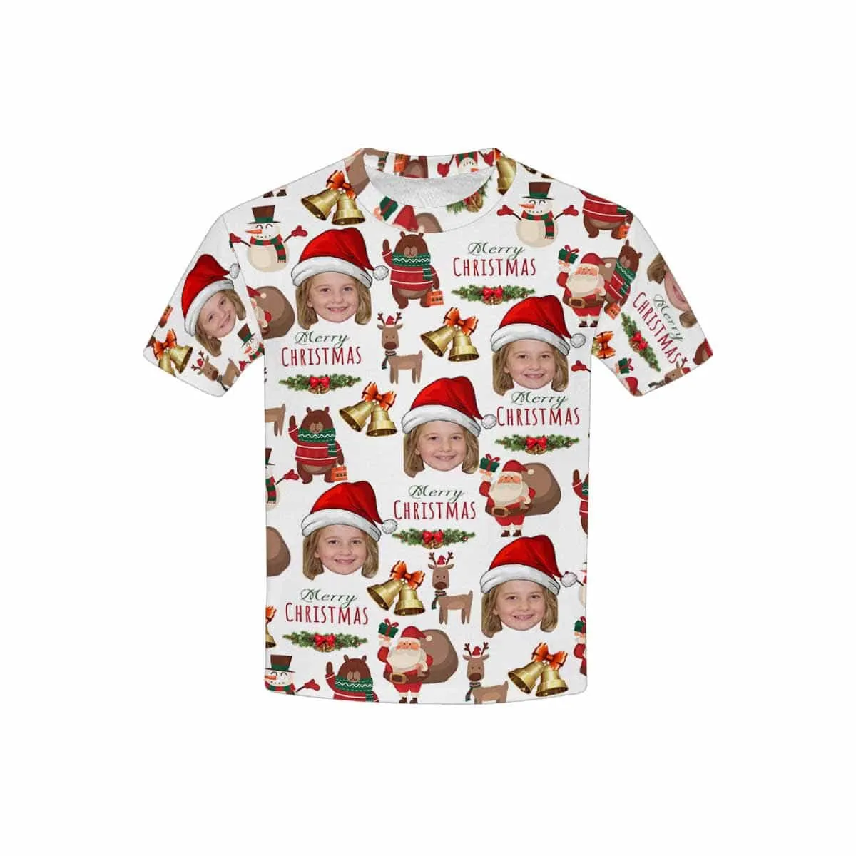 #6-15Y Custom Face Merry Christmas Deer Kid's All Over Print T-shirt