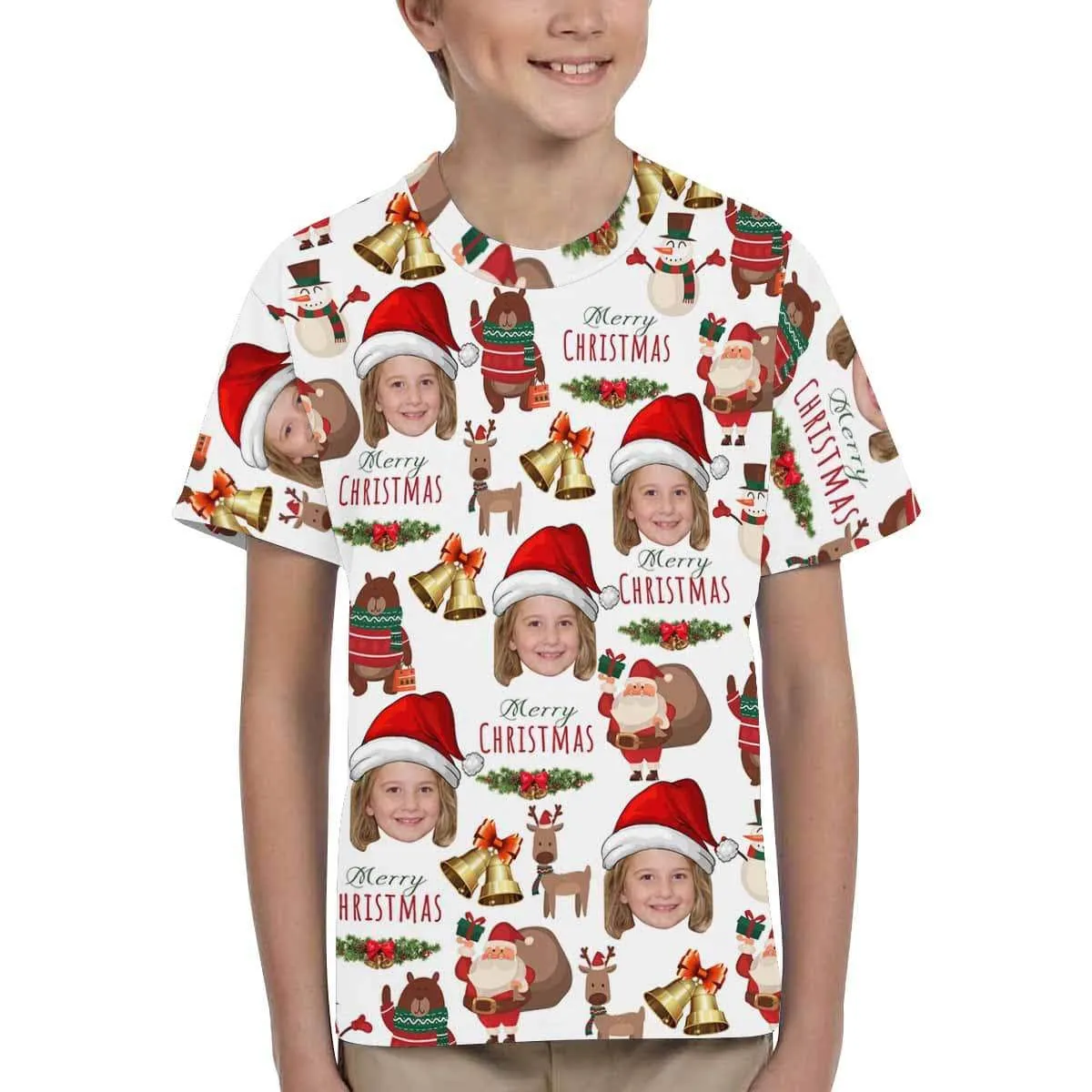 #6-15Y Custom Face Merry Christmas Deer Kid's All Over Print T-shirt