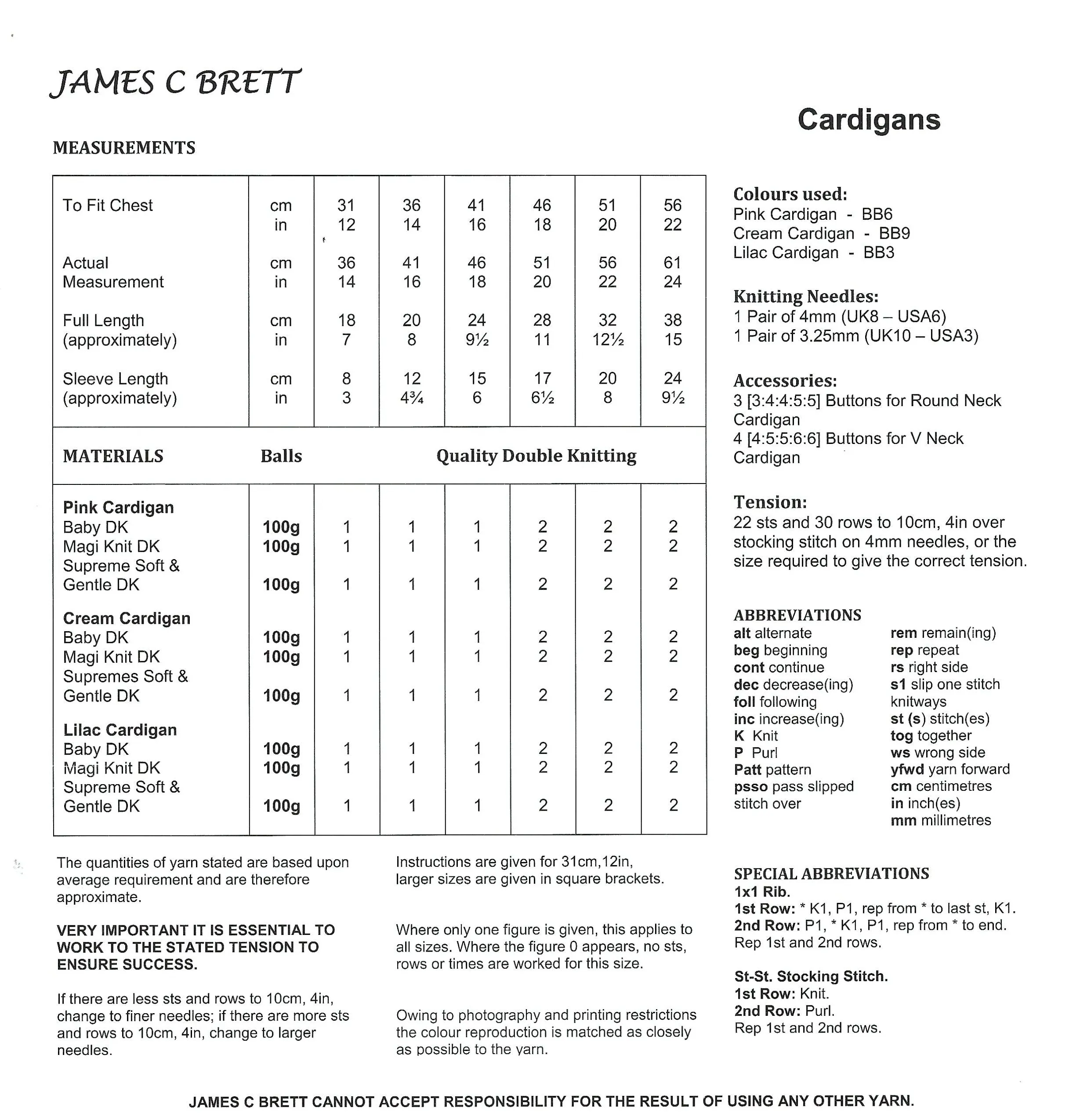 James C Brett JB005 Double Knitting Pattern - Baby Cardigans DK (12-22 in)