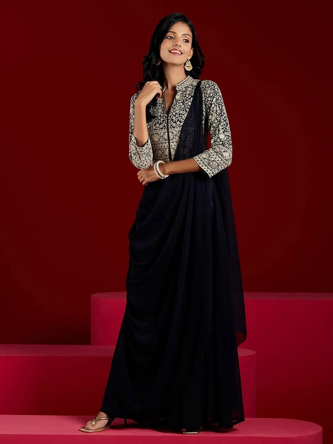 Jashvi Art Blue Embellished Georgette Co-Ords