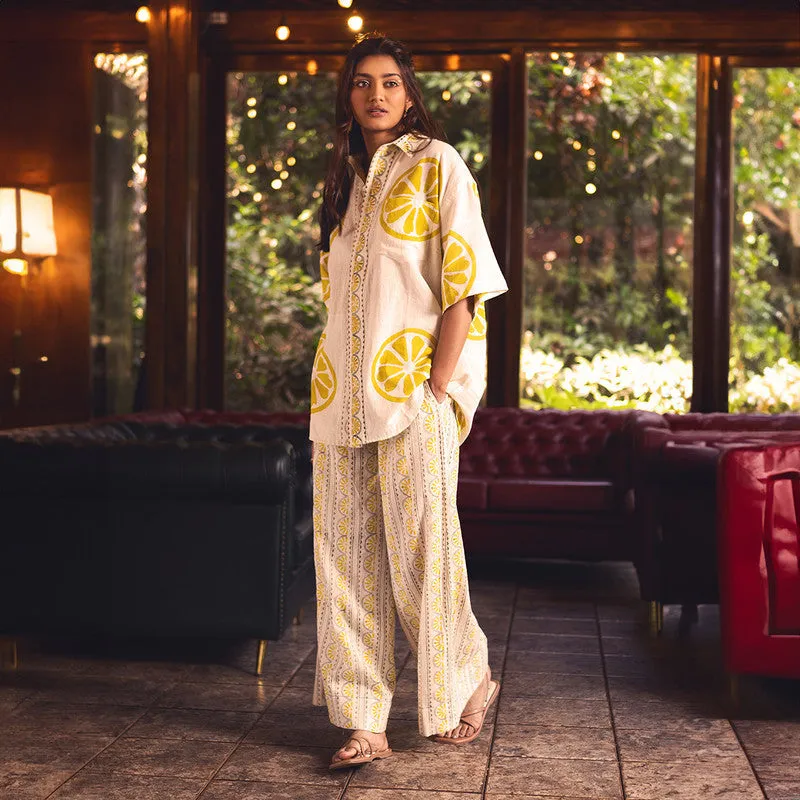 Kala Cotton Co-Ords Set For Women | Shirt & Pant With Pocket | Lemon Slice Printed | Yellow