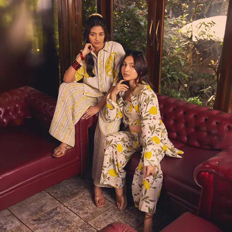 Kala Cotton Co-Ords Set For Women | Shirt & Pant With Pocket | Lemon Slice Printed | Yellow