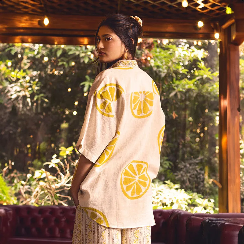 Kala Cotton Co-Ords Set For Women | Shirt & Pant With Pocket | Lemon Slice Printed | Yellow