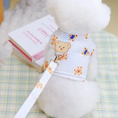 Mesh Dog Harness Girls&Boys Bear Pattern Dog Harness Vest Puppy Cat Bowtie Vests Leash Set For Small Dogs Walking Pets Accessory