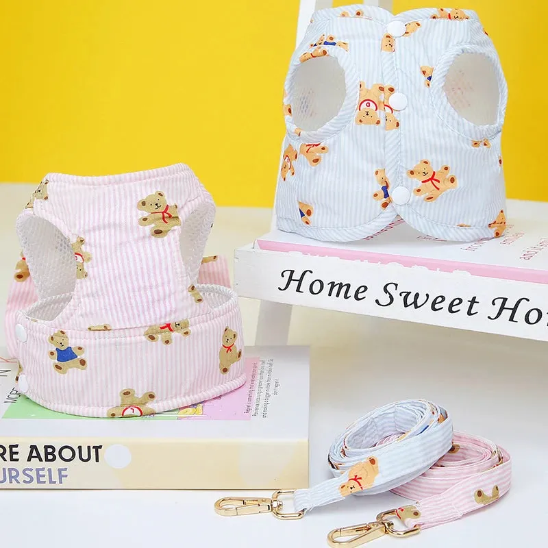 Mesh Dog Harness Girls&Boys Bear Pattern Dog Harness Vest Puppy Cat Bowtie Vests Leash Set For Small Dogs Walking Pets Accessory