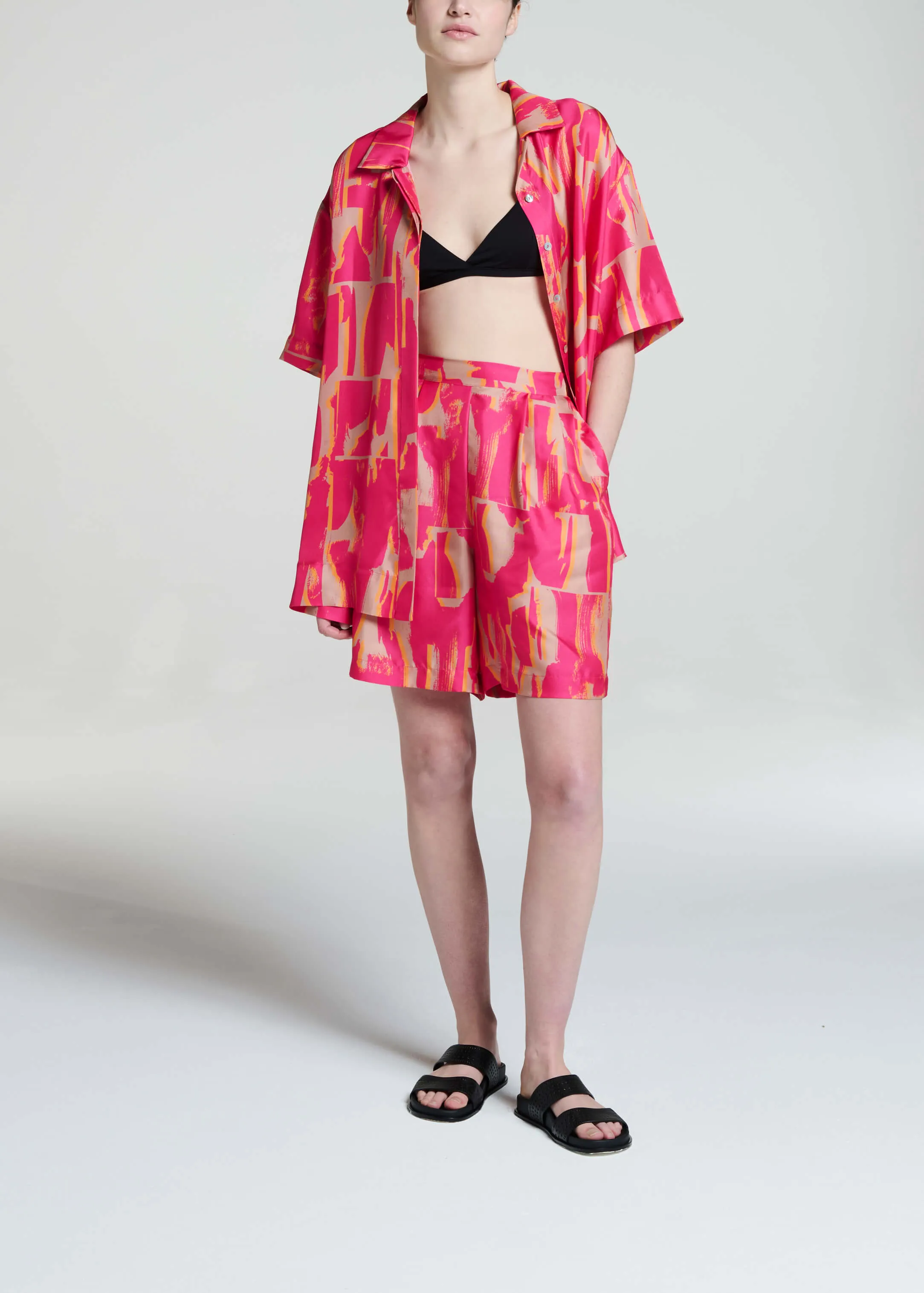 Montauk Shirt Brush Stroke Pink Silk Twill