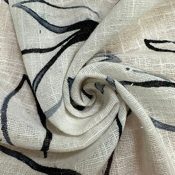 Navy Blue Print Linen Rayon Blend Fabric