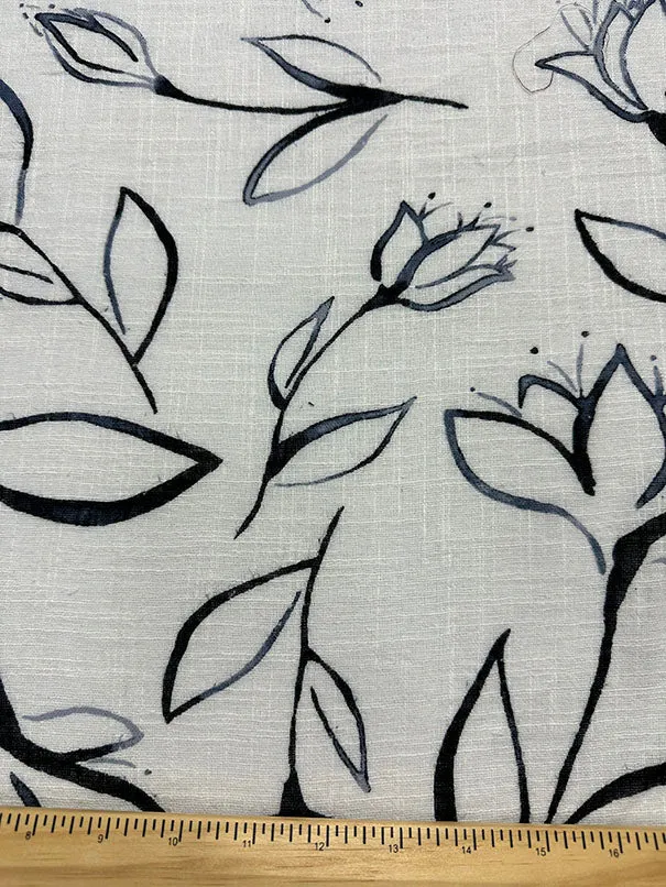 Navy Blue Print Linen Rayon Blend Fabric