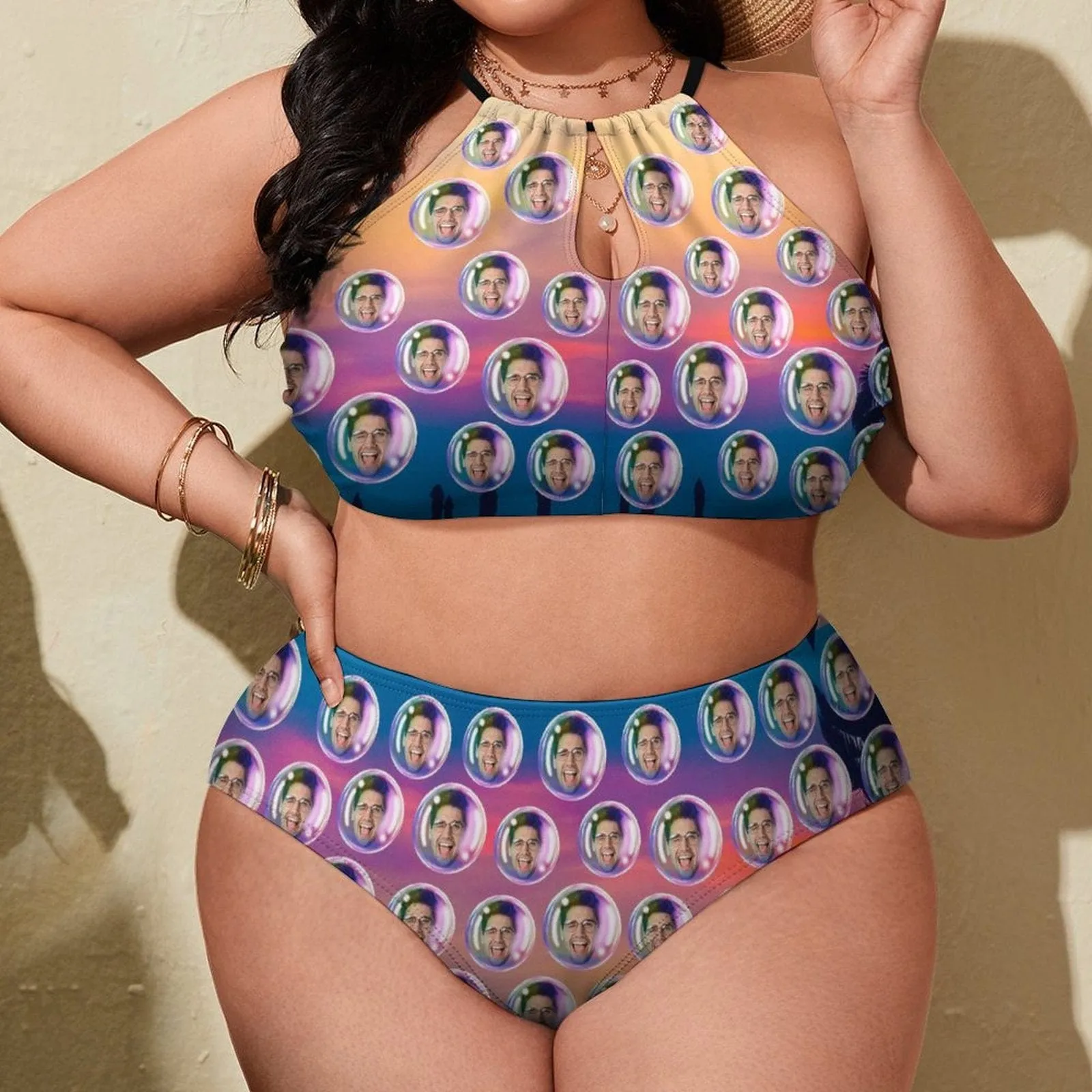#Plus Size Halter Bikini-Custom Face Bubble Gradient Plus Size Swimsuit High Neck Cutout High Waisted Bikini Personalized Women's Two Piece Swimsuit Beach Outfits