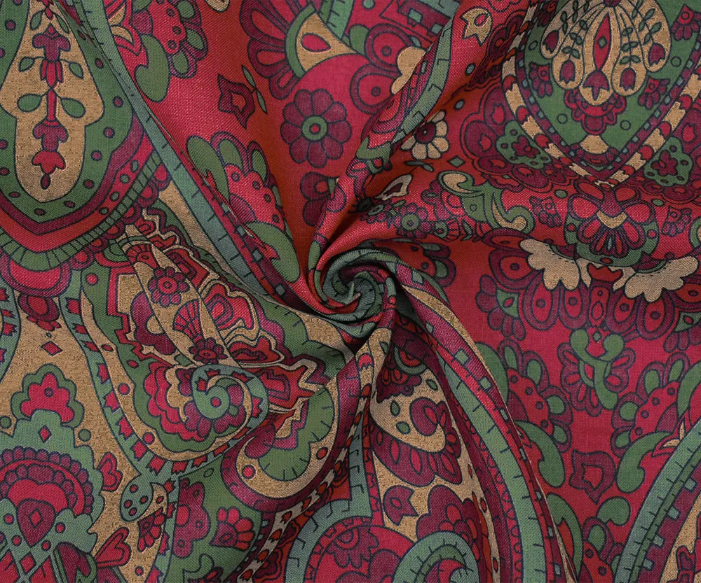 Red-Green-Multi Baroque Printed Linen Woven Fabric