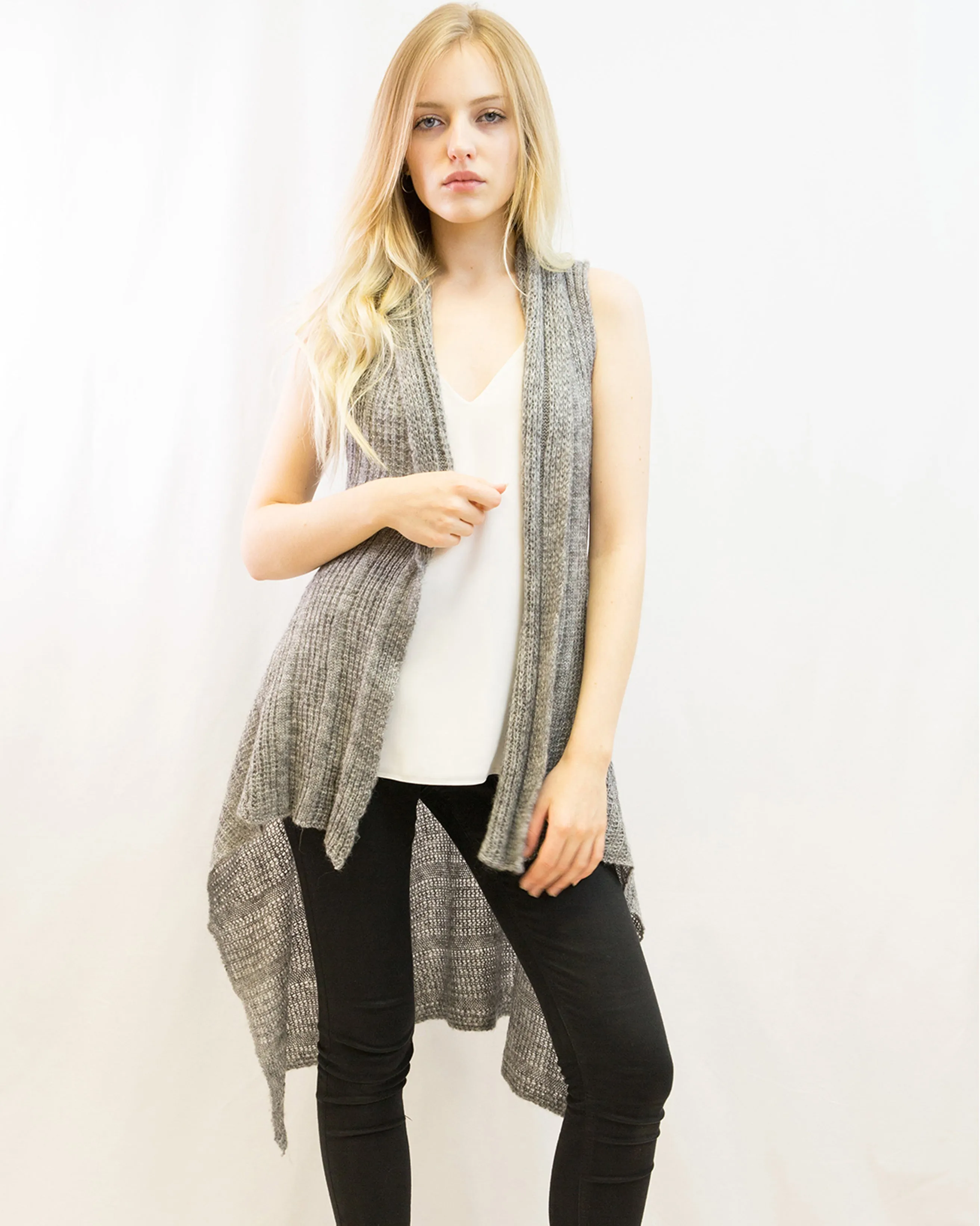 Sleeveless Wool Knitted long Cardigan(Grey)