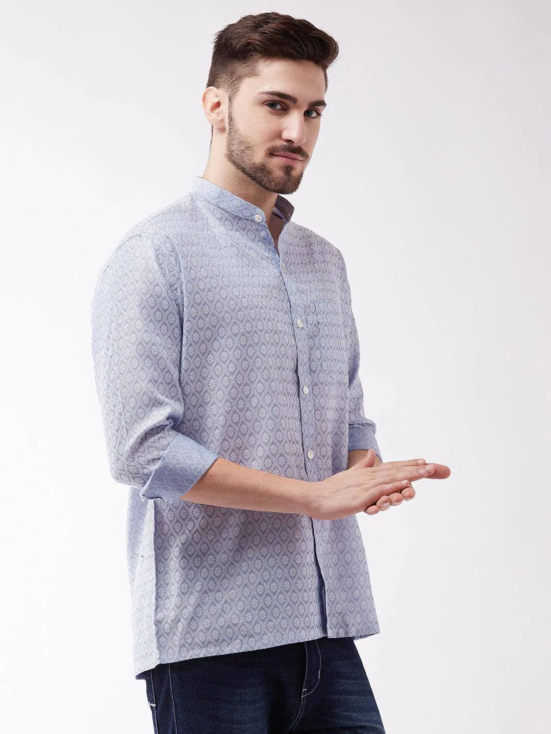 VASTRAMAY Lavender Blue Silk Blend Ethnic Shirt
