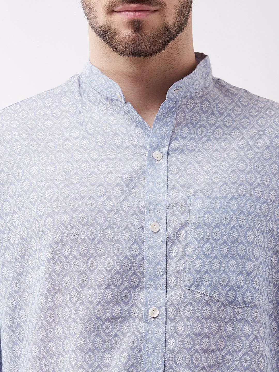 VASTRAMAY Lavender Blue Silk Blend Ethnic Shirt