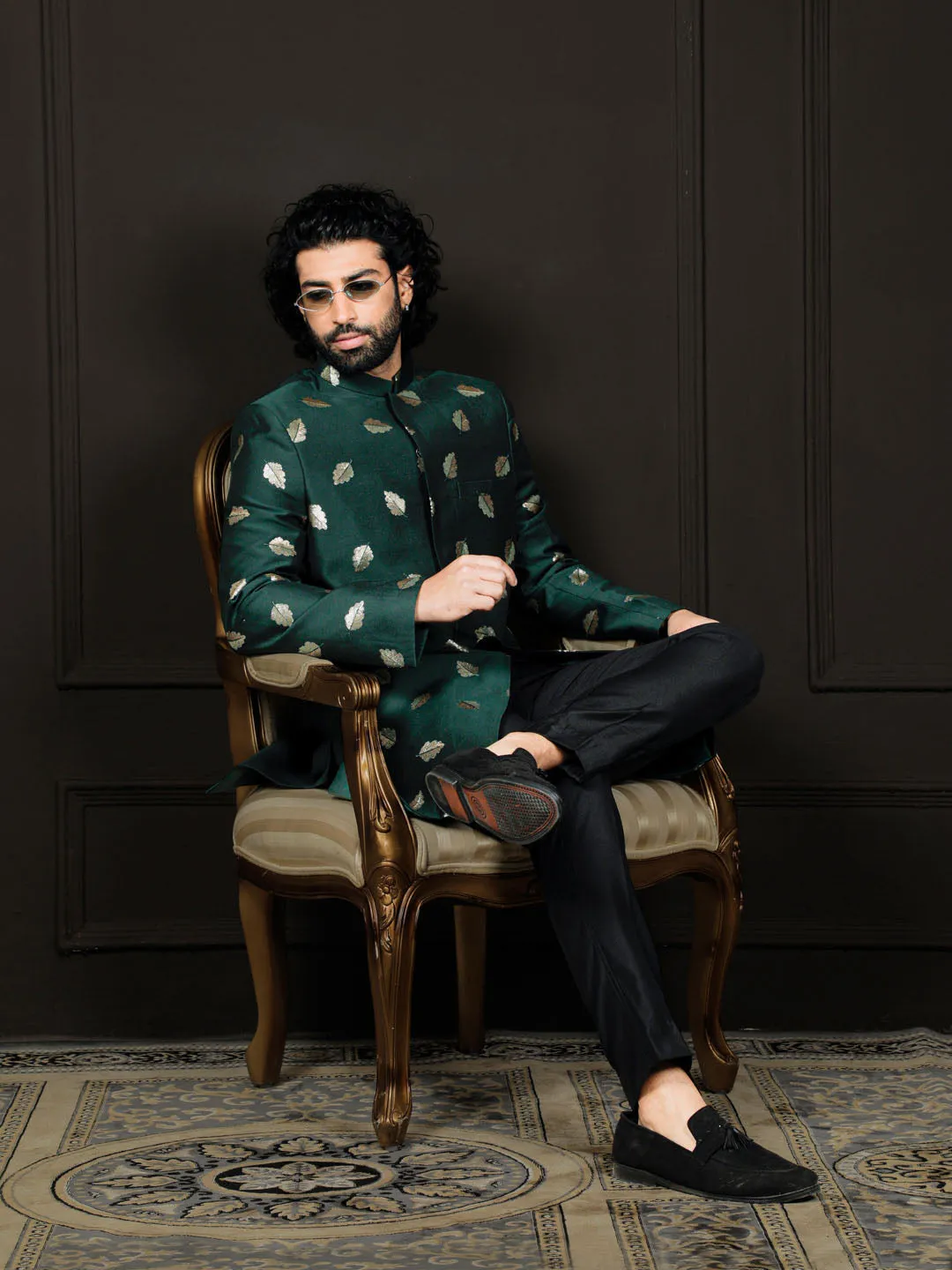 VASTRAMAY Men's Green Viscose Sherwani Only Top
